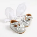 Silver glittery baby princess walking shoes with rabbit ears and matching headband set - 11cm / Silver Sequined Rabbit Ear Walking Shoes & Headband Set / Silver