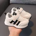 Classic white toddler sneakers with black stripes and adjustable hook-and-loop straps - 22 / Inner Length 14cm / Black