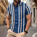 Ανδρικό casual κοντομάνικο πουκάμισο slim fit με μπλε και μπεζ κάθετες ρίγες στην πόλη. - Ναυτικό μπλε