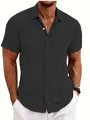 Camicia casual da uomo in lino grigio scuro a maniche corte con tessuto testurizzato - Taglia S / Top / Nero