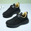 Breathable black children's running shoes with hook-and-loop strap and thick sole - 28 / Hook and Loop Running Shoes (806) / Black & Gold