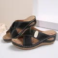 Vintage black wedge sandals for women with elegant white contrast stitching design. - Black