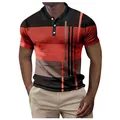 Close-up of men's summer polo shirt with red and black striped geometric print - S / Tops / Orange Red