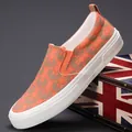 Casual men's slip-on loafers with orange bear pattern canvas and white rubber sole - 38 / Orange (23803)