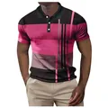Vooraanzicht detail van heren poloshirt met roze en zwart geometrisch streepjespatroon - S / Tops / Dieproze