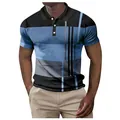 Detailed view of men's casual polo shirt with blue and black geometric printed stripes - S / Tops / Sapphire Blue