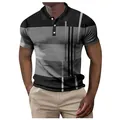 Detail view of men's polo shirt with grey gradient stripes and black collar. - S / Tops / Gray