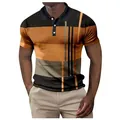 Close-up of men's casual short sleeve polo shirt featuring vibrant striped pattern - S / Tops / Orange