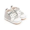 Stylish grey and white baby prewalker shoes featuring magic prewalker text on strap - 11cm / Gray