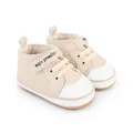 Detail view of cream baby pre-walker shoes featuring the magic prewalker velcro strap - 11cm / Khaki