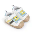 Dettaglio scarpe da camminata colorate per neonati con cinturino in velcro e lacci gialli - Blu