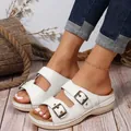 White croco-embossed slide sandals with decorative metal buckles and wedge sole. - 35 / White Crocodile Pattern Wedge Slides / White