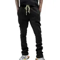 Full length view of men's black slim fit stacked joggers featuring beige drawstring - S / Bottoms / Black