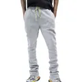 Close-up of grey stacked joggers for men with drawstring waist and paneled design - S / Bottoms / Light Gray