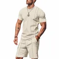 Lässiges beiges Waffelstrick-Zweiteiler-Set für Herren im Sommer mit T-Shirt und Shorts - Khaki / S