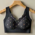 Elegant seamless black lace wireless bralette with delicate golden floral pattern - M / Tops / Black
