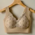 Comfortable seamless lace bra in beige featuring delicate blue floral embroidery motifs - M / Tops / Champagne