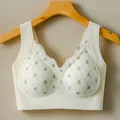 Seamless cream wireless lace bralette with green floral embroidery and wide straps - M / Tops / Cream