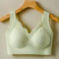 Comfortable light green seamless lace wireless bralette with delicate floral embroidery - M / Tops / Light Green