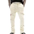 Detailed view of men's cream stacked joggers featuring decorative side stripes and drawstring. - Apricot
