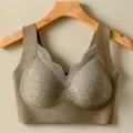 Seamless lace wireless bralette in coffee brown featuring blue floral embroidery detail - Brown
