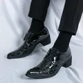 Stylish men's pointed patent leather dress shoes with Paisley embossing and block heels. - Black