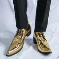 Metallic gold men's pointed toe dress shoes with paisley pattern and chunky heel - Gold