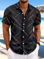 Close-up of men's short-sleeve beach shirt with a vibrant colorful diagonal stripes pattern - S / Tops / Black