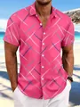 Detail of men's pink short-sleeved beach shirt with vibrant criss-cross pattern. - S / Tops / Pink