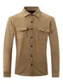 Detailed front view of men's camel faux suede jacket with chest flap pockets and buttons - Dark Brown