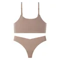 Seamless taupe wireless bra and thong lingerie set with comfortable thin straps - S / Top And Bottom / Milk Coffee