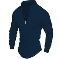 Navy blue long sleeve men's zipper shirt with pleated shoulder details for casual sports - S / Tops / Navy Blue
