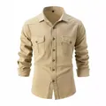 Men's casual khaki washed cotton long sleeve button-down shirt with chest pockets - S / Tops / Khaki