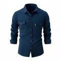 Men's casual navy blue washed cotton shirt with button-down collar and long sleeves. - S / Tops / Navy Blue
