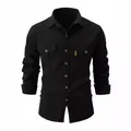 Men's casual black washed cotton long sleeve button-down shirt with pockets - Black