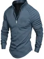 Men's casual long sleeve polo shirt in blue-grey featuring unique pleated shoulder details - S / Tops / Gray