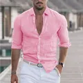 Men's pink long-sleeve linen-textured casual shirt with button-down lapel - S / Pink