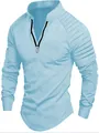 Men's light blue long-sleeve casual sports shirt with pleated shoulder and half-zip - Sky Blue