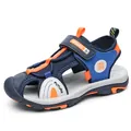 Boys' breathable navy blue closed-toe mesh beach sandals with vibrant orange accents - Dark Blue Orange