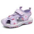 Purple children's sport beach sandals with a protective closed-toe design and velcro strap - Purple