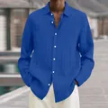 Detailed view of blue ribbed long sleeve button-down casual shirt for men - S / Tops / Navy Blue