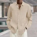 Close-up showing the vertical ribbed texture of a men's beige long-sleeve casual shirt - S / Tops / Light Yellow