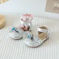 Chaussures de princesse argentées à paillettes pour fillettes avec gros nœud et gemme bleue - 11.5cm / Style Noeud en Maille Pailletée (MBX1200) / Argent