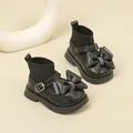 Classic black toddler girl's soft-sole princess shoes with bow and knit sock upper - Internal Length 11.5cm / Quilted Bowknot Sock Walking Shoes (9MBX23317) / Black