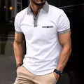 Men's casual white polo shirt featuring stylish checkered collar and matching sleeve cuffs - White