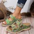 Detailed view of colorful woven platform sandals with adjustable metal buckles. - 35 / Colorful Plaid Woven Wedge Slippers / Green