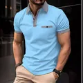 Men's light blue casual polo shirt featuring checkered collar and sleeve trim - Sky Blue