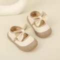 Beige gesteppte Baby-Mädchen-Schuhe mit dekorativer Schleife und weicher Sohle - Innenlänge 11.5cm / Schleifen-Steppmuster-Stil (9MBX5857) / Beige