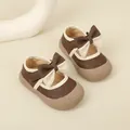 Süße braun gesteppte Baby Mädchen Mary Jane Schuhe mit cremefarbener Schleife und Sohle - Innenlänge 11.5cm / Schleifen-Steppmuster-Stil (9MBX5857) / Braun