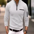 Men's white long-sleeve polo shirt with stand collar and arm zipper pocket. - S / Tops / White